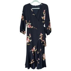 Alex Marie Faux Wrap Black Floral Midi Dress Size 12 Romantic Date Night Wedding